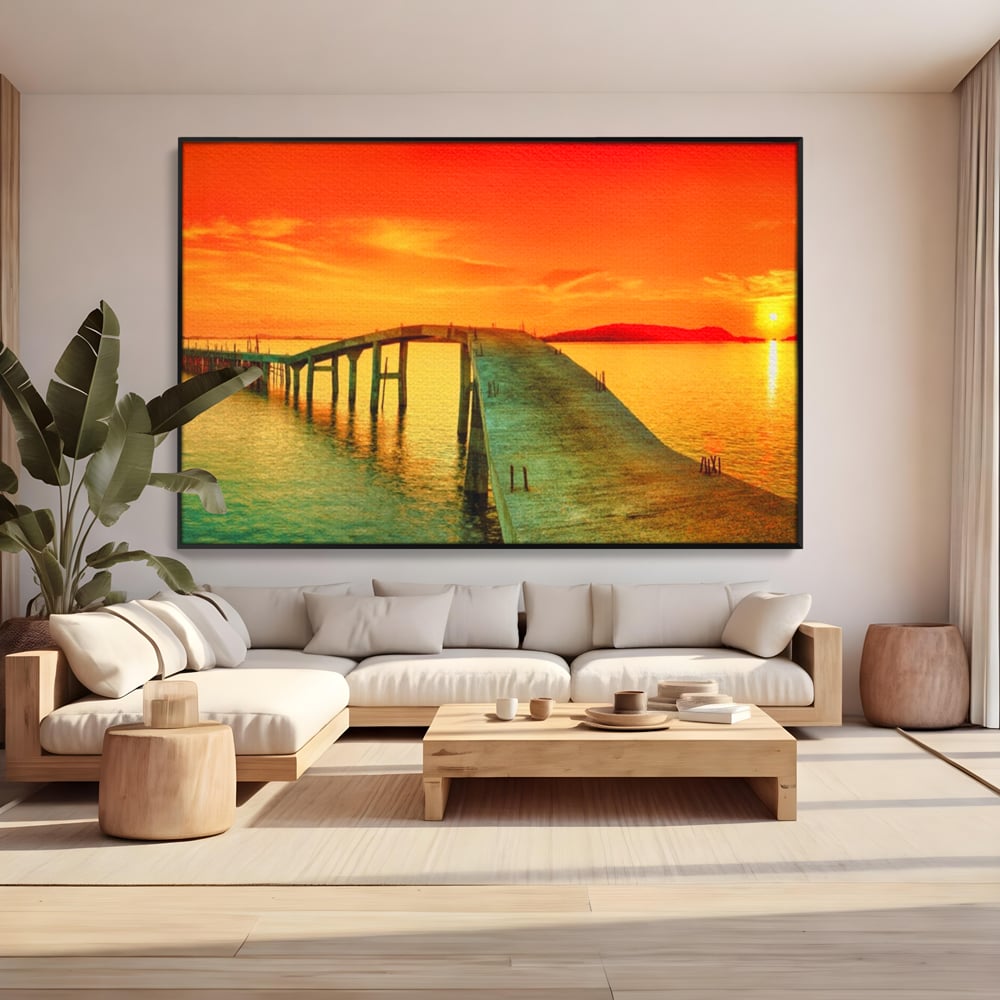 Tablou canvas cu tablou canvas cu pod si rasarit de soare, in rama de aluminiu negru, pe perete intr-un living